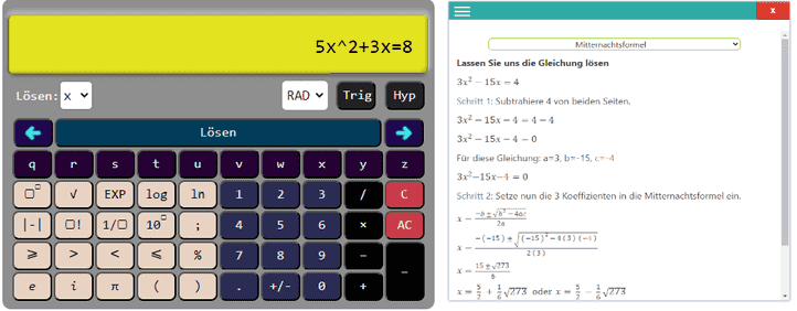 Beispiel zur Lösung einer Gleichung mit dem Gleichungen lösen Rechner